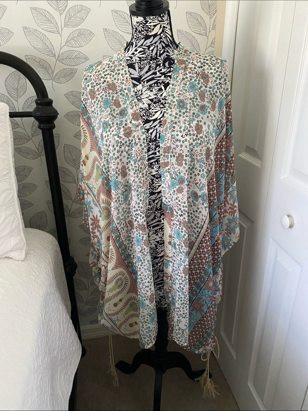 Lightweight Floral Boho Kimono in Teal and Taupe Beach Cover Up